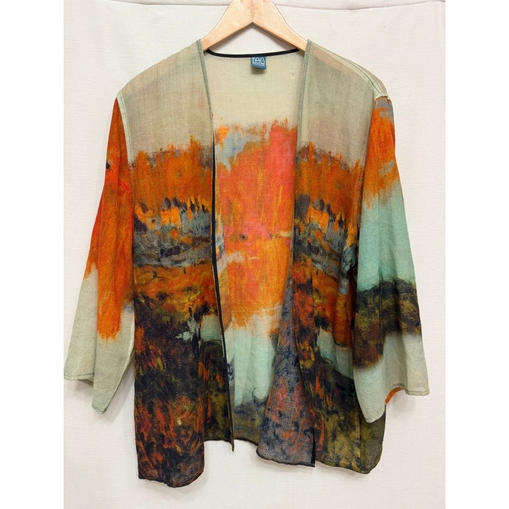 TAO House Women's Landscape Print Open Front Linen Blend Cardigan Large